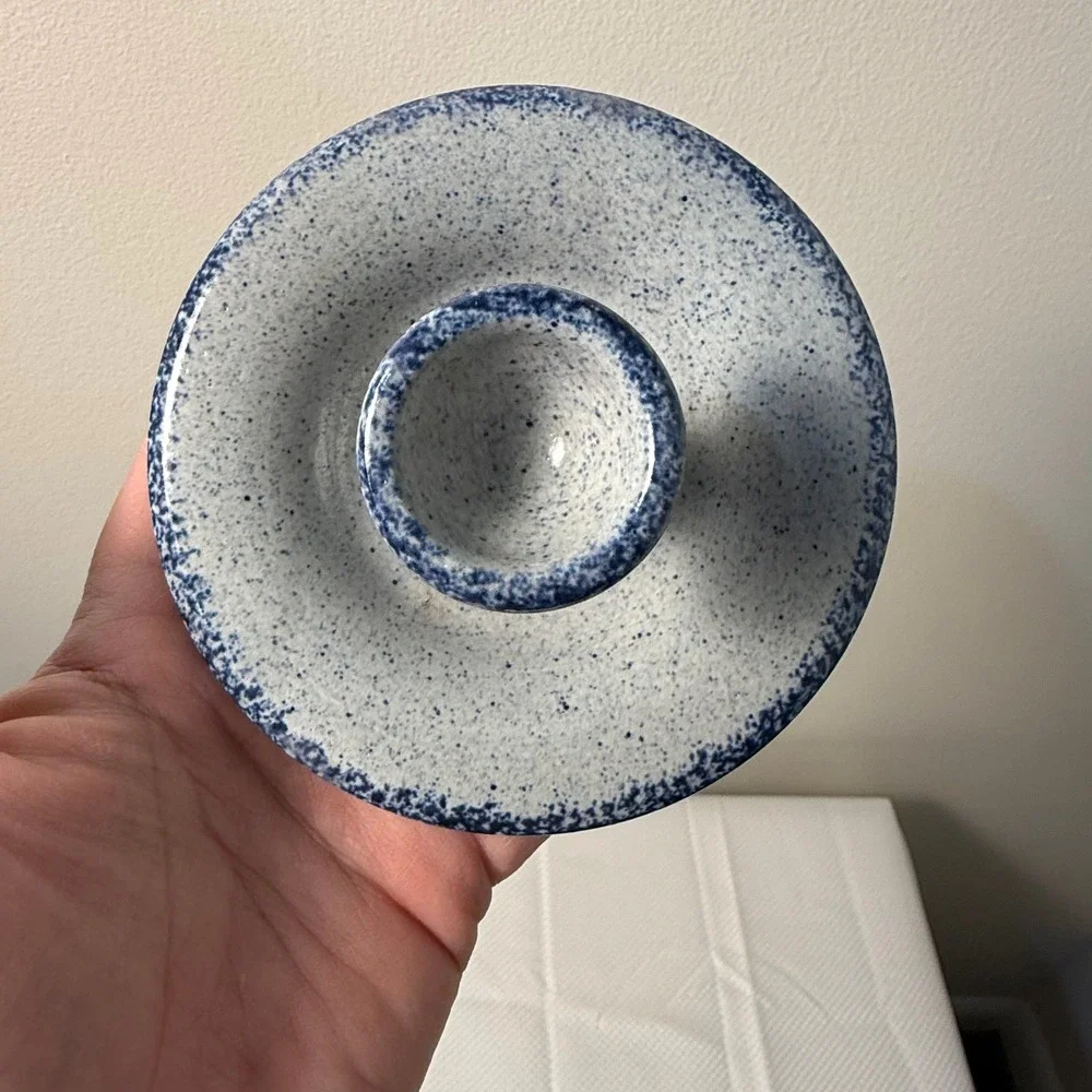 Vintage Blue Spongeware Ceramic‎ Taper Candle Holder Chamberstick Farmhouse